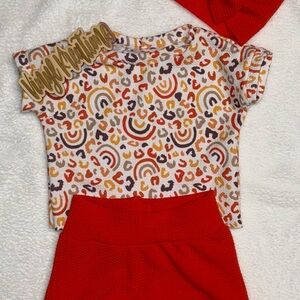 Colorful Rainbow Print Top and Red Shorties Set